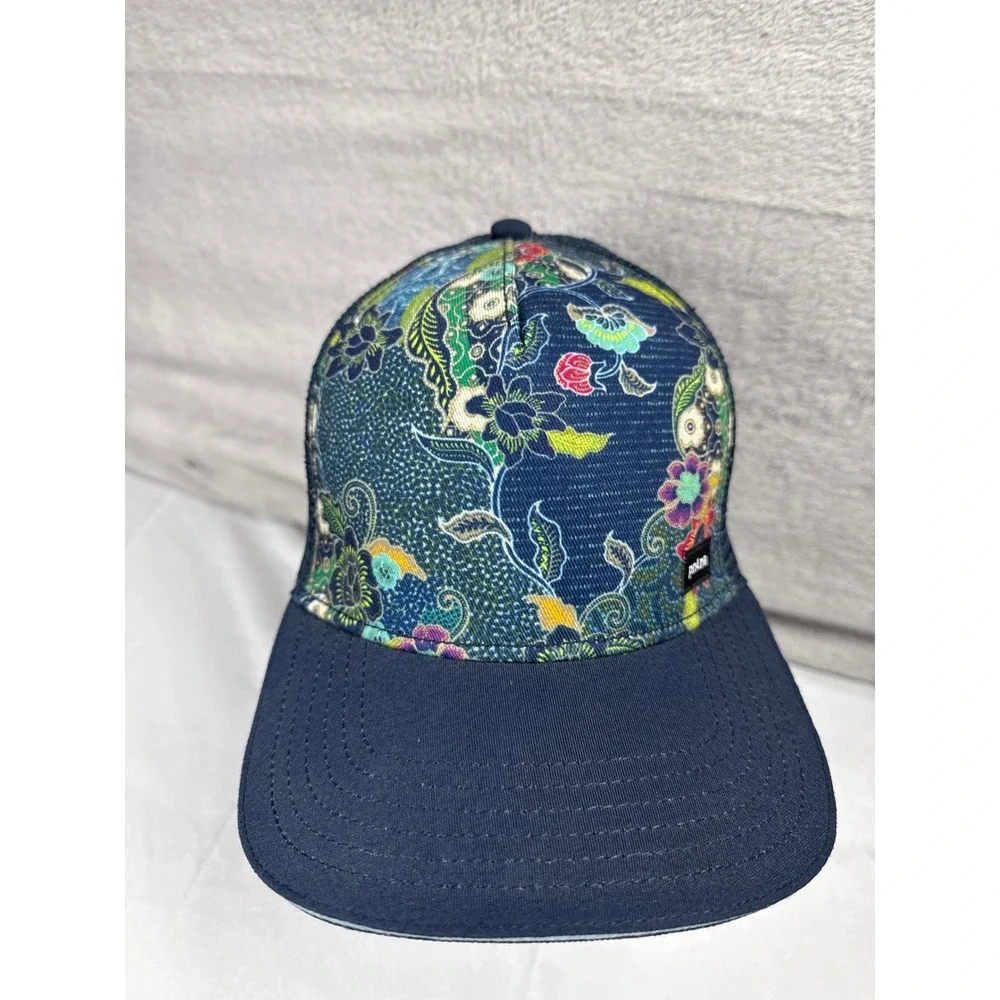 prAna Journeyman Trucker Hat Navy Blue Floral Batik Mesh Snapback Cap